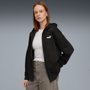 Sudadera con capucha de vellón con cierre completo para mujer logotipo pequeño Essentials No. 1, PUMA Black, extralarge